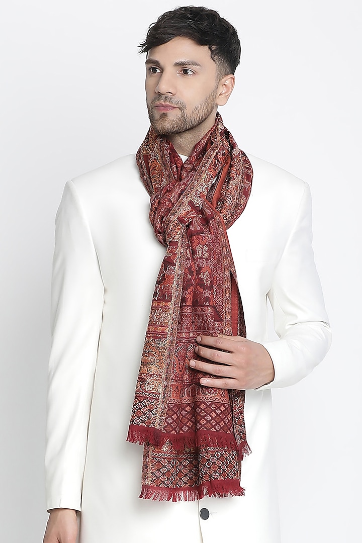 Dark Maroon Wool Metallic Jacquard Muffler by Shingora Men