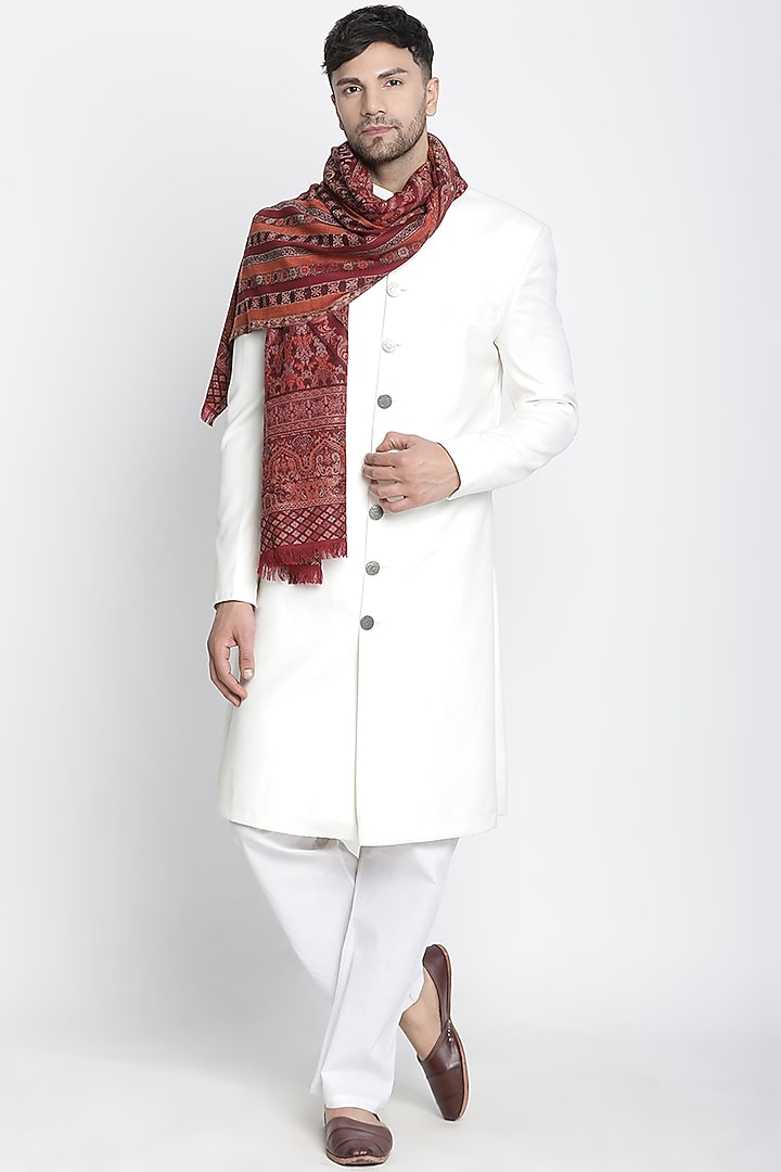 Dark Maroon Wool Metallic Jacquard Muffler by Shingora Men at Pernia's Pop Up Shop