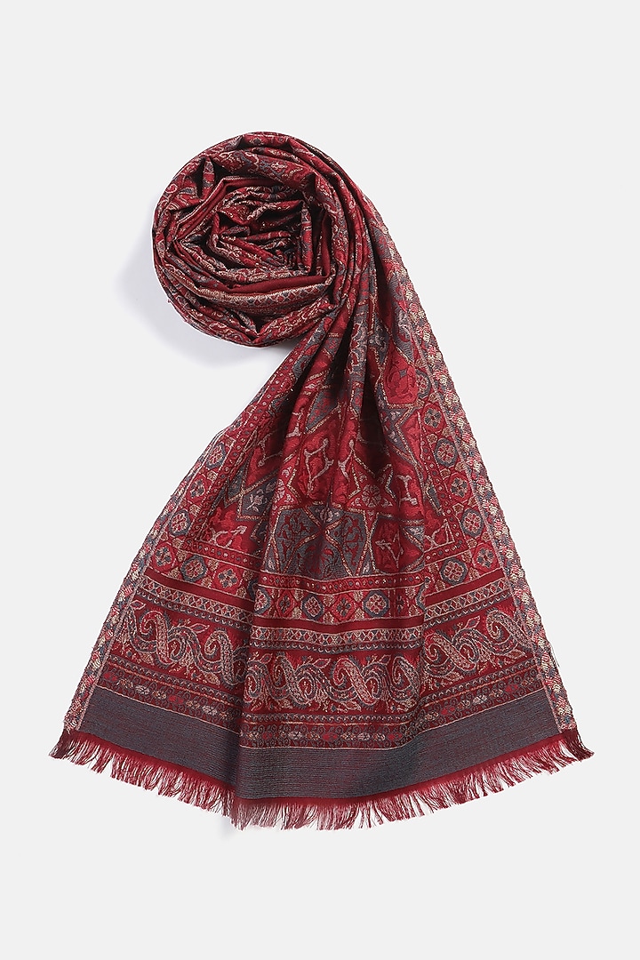 Dark Maroon Wool Metallic Jacquard Muffler by Shingora Men at Pernia's Pop Up Shop