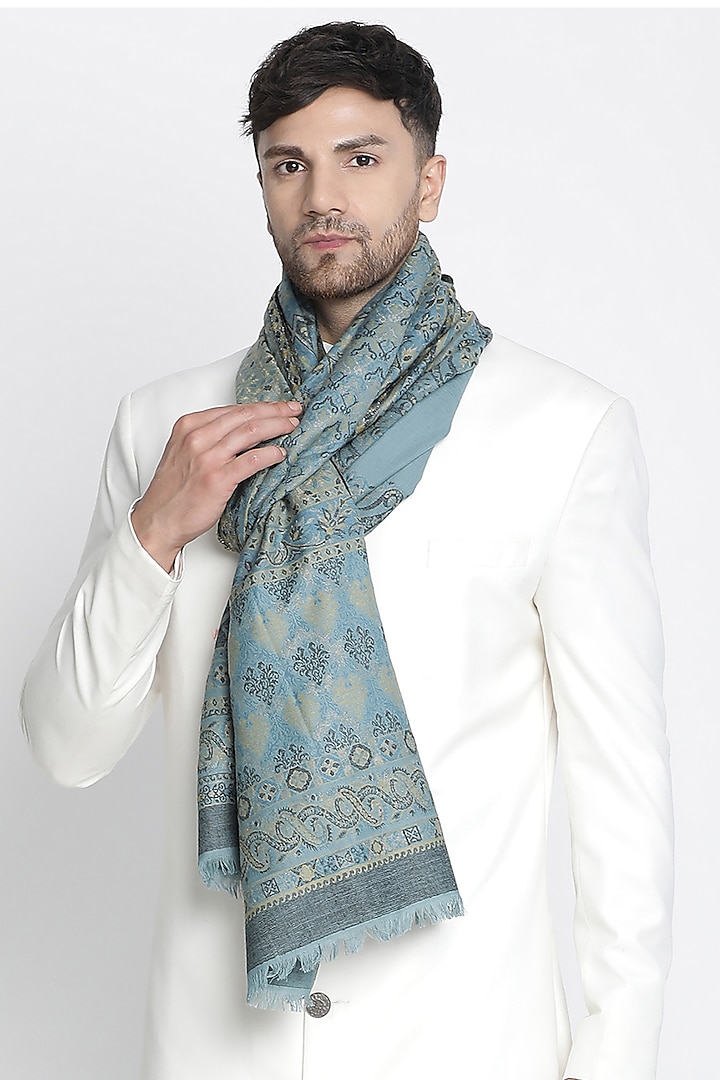 Sky Blue Wool Metallic Jacquard Muffler by Shingora Men at Pernia's Pop Up Shop