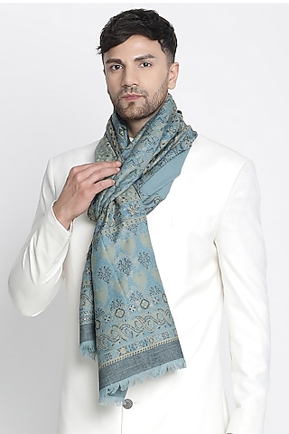 Sky Blue Wool Metallic Jacquard Muffler by Shingora Men