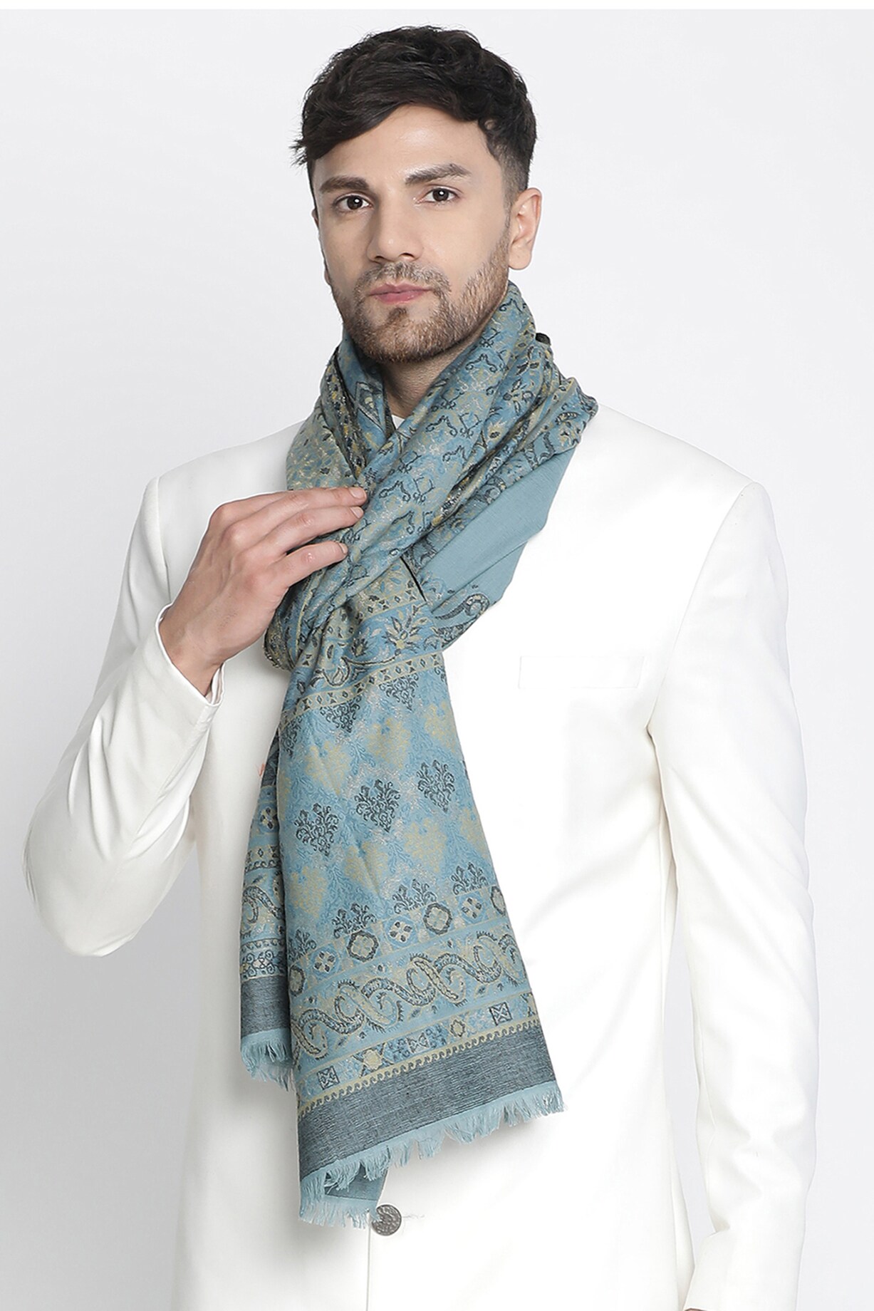 Sky Blue Wool Metallic Jacquard Muffler by Shingora Men at