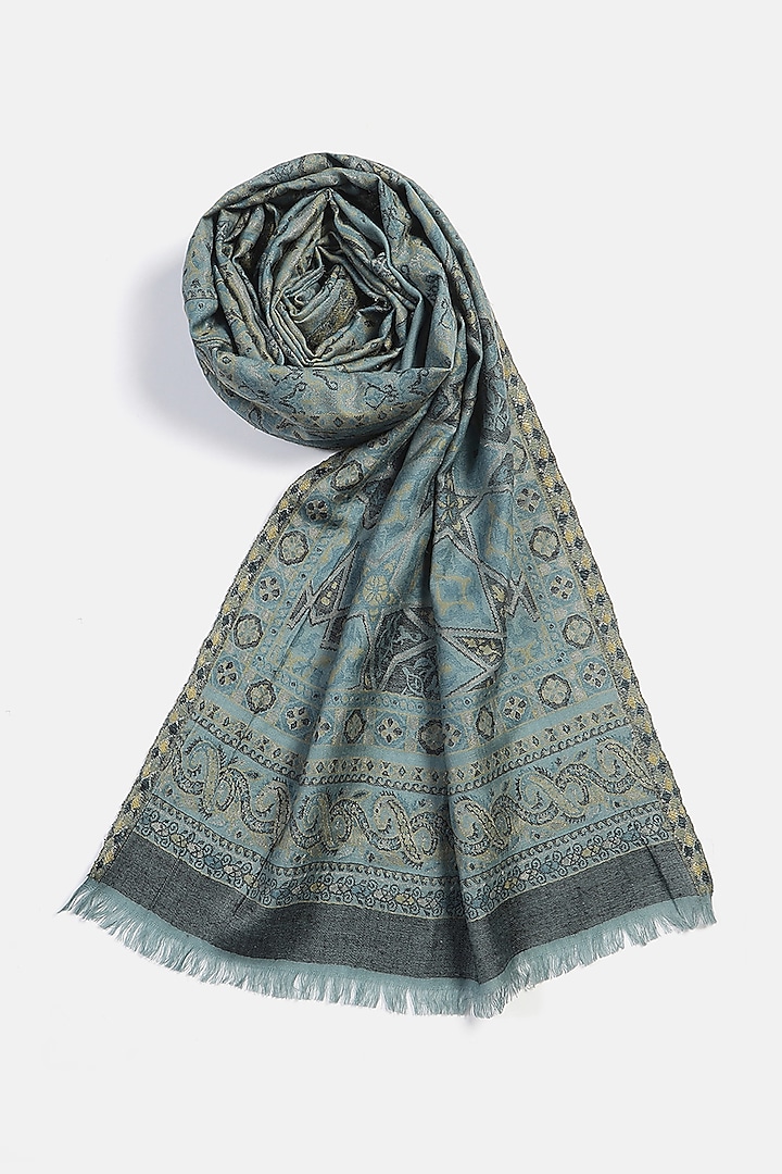 Sky Blue Wool Metallic Jacquard Muffler by Shingora Men at Pernia's Pop Up Shop