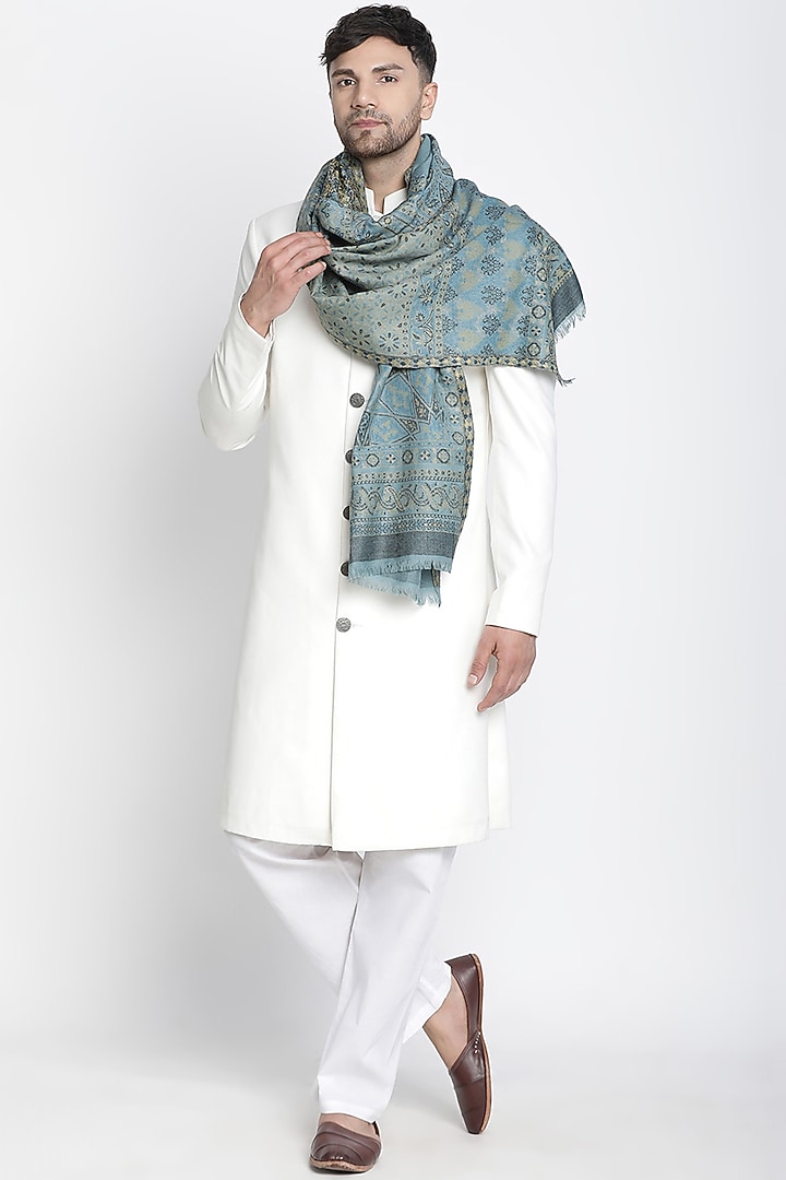 Sky Blue Wool Metallic Jacquard Muffler by Shingora Men at Pernia's Pop Up Shop