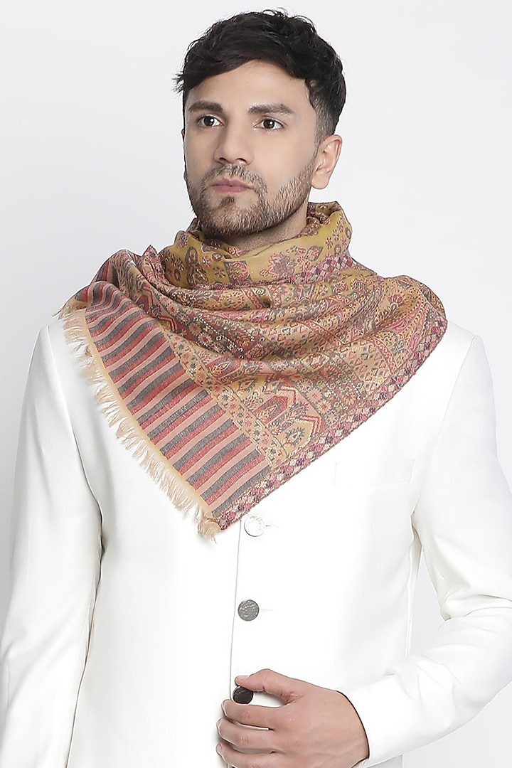 Mustard Wool Metallic Jacquard Muffler by Shingora Men at Pernia's Pop Up Shop