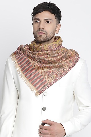 Mustard Wool Metallic Jacquard Muffler by Shingora Men