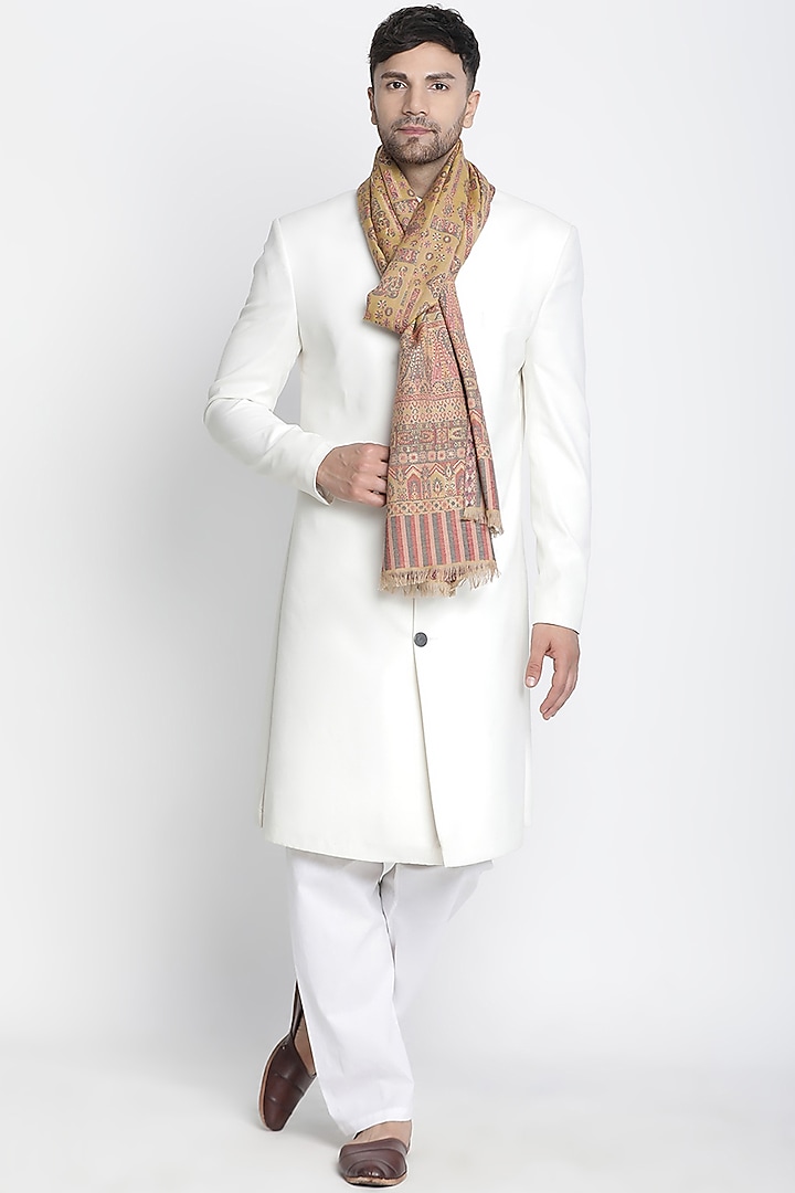 Mustard Wool Metallic Jacquard Muffler by Shingora Men at Pernia's Pop Up Shop