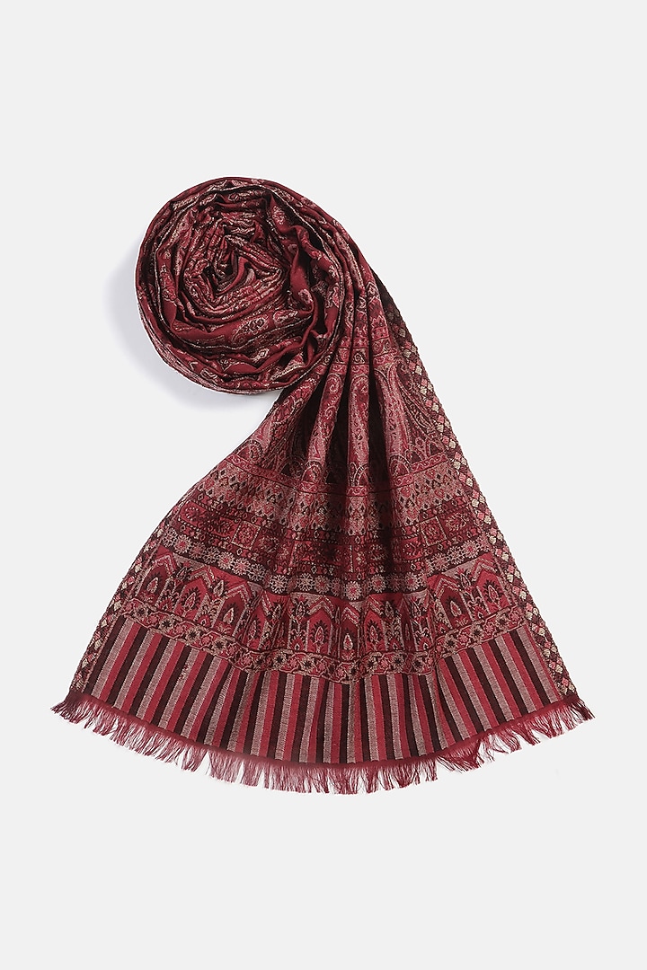 Dark Maroon Wool Metallic Jacquard Muffler by Shingora Men at Pernia's Pop Up Shop