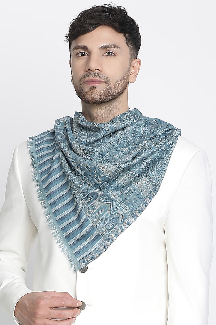 Sky Blue Wool Metallic Jacquard Muffler by Shingora Men