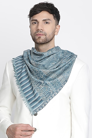 Sky Blue Wool Metallic Jacquard Muffler by Shingora Men