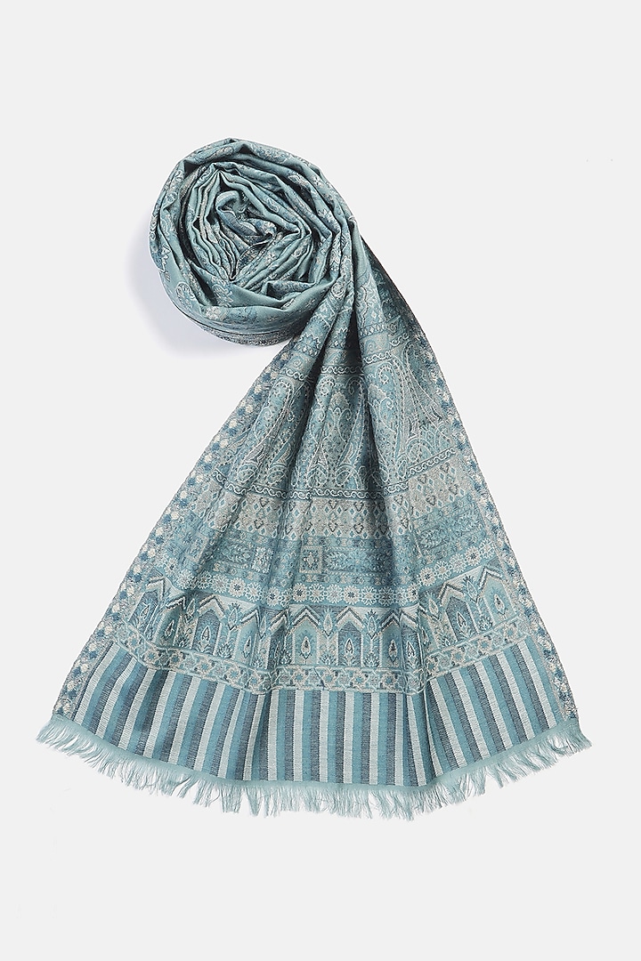 Sky Blue Wool Metallic Jacquard Muffler by Shingora Men at Pernia's Pop Up Shop