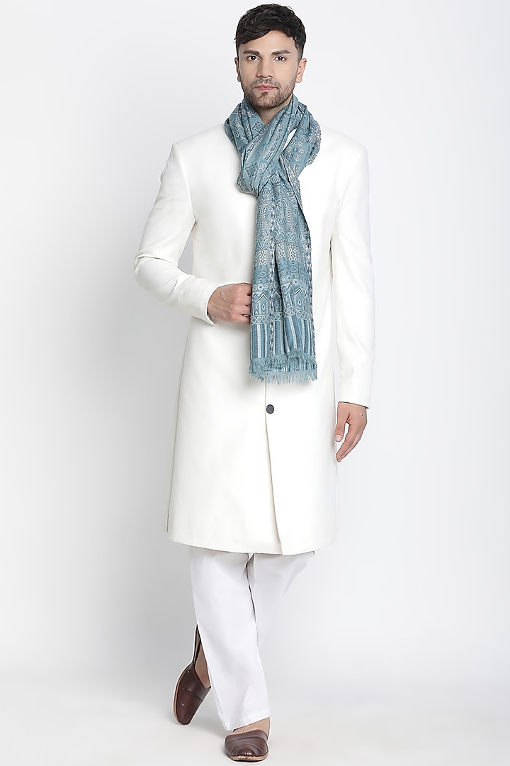 Sky Blue Wool Metallic Jacquard Muffler by Shingora Men at Pernia's Pop Up Shop