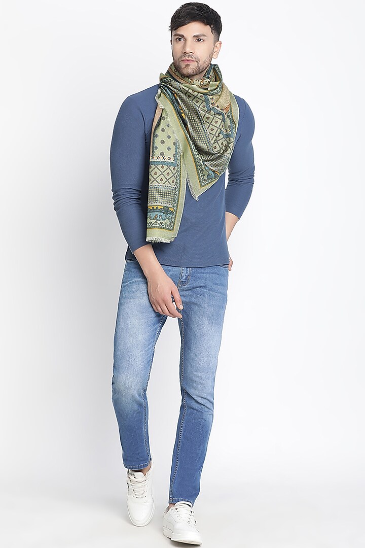 Mehendi Wool Silk Printed Muffler by Shingora Men at Pernia's Pop Up Shop