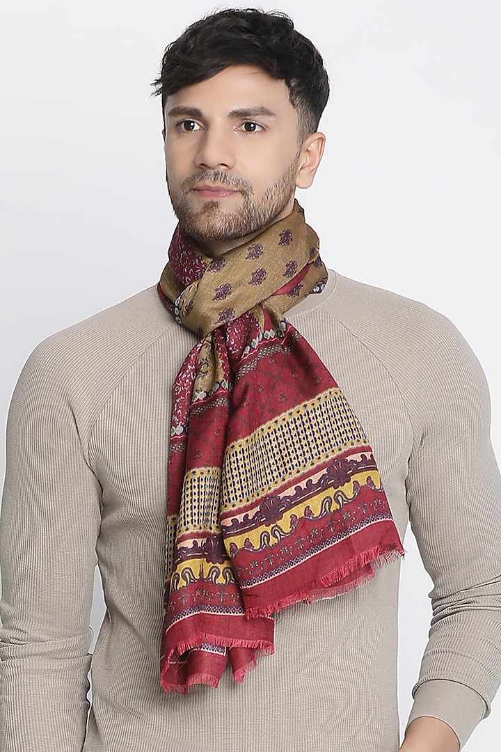 Dark Maroon Wool Silk Printed Muffler by Shingora Men