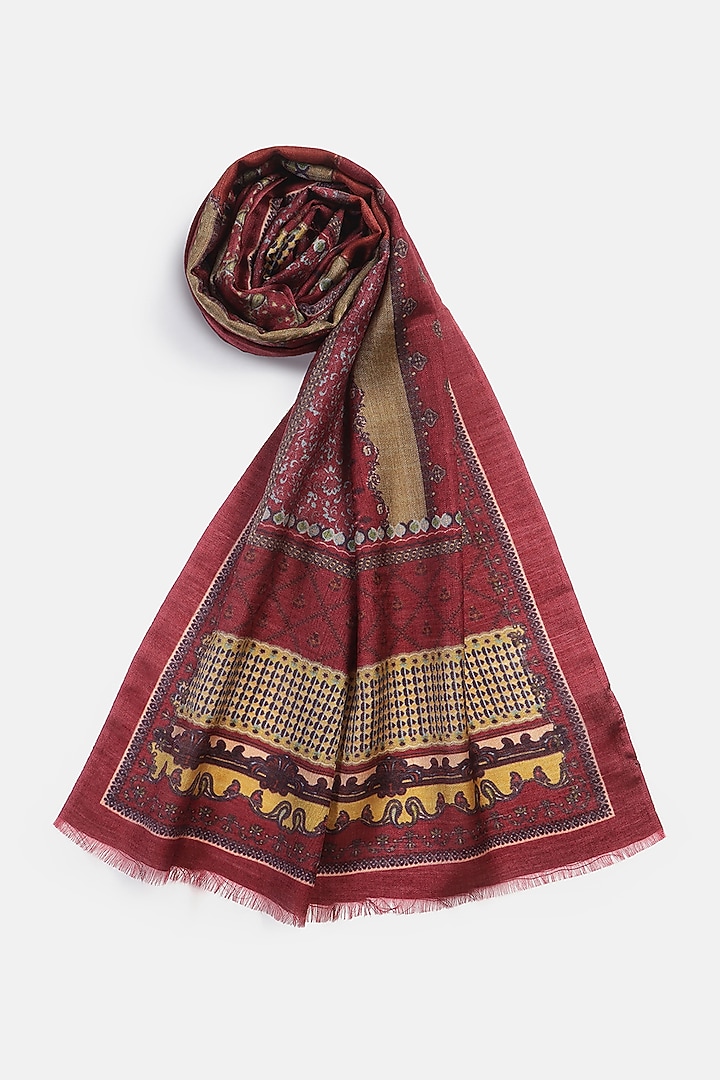 Dark Maroon Wool Silk Printed Muffler by Shingora Men at Pernia's Pop Up Shop