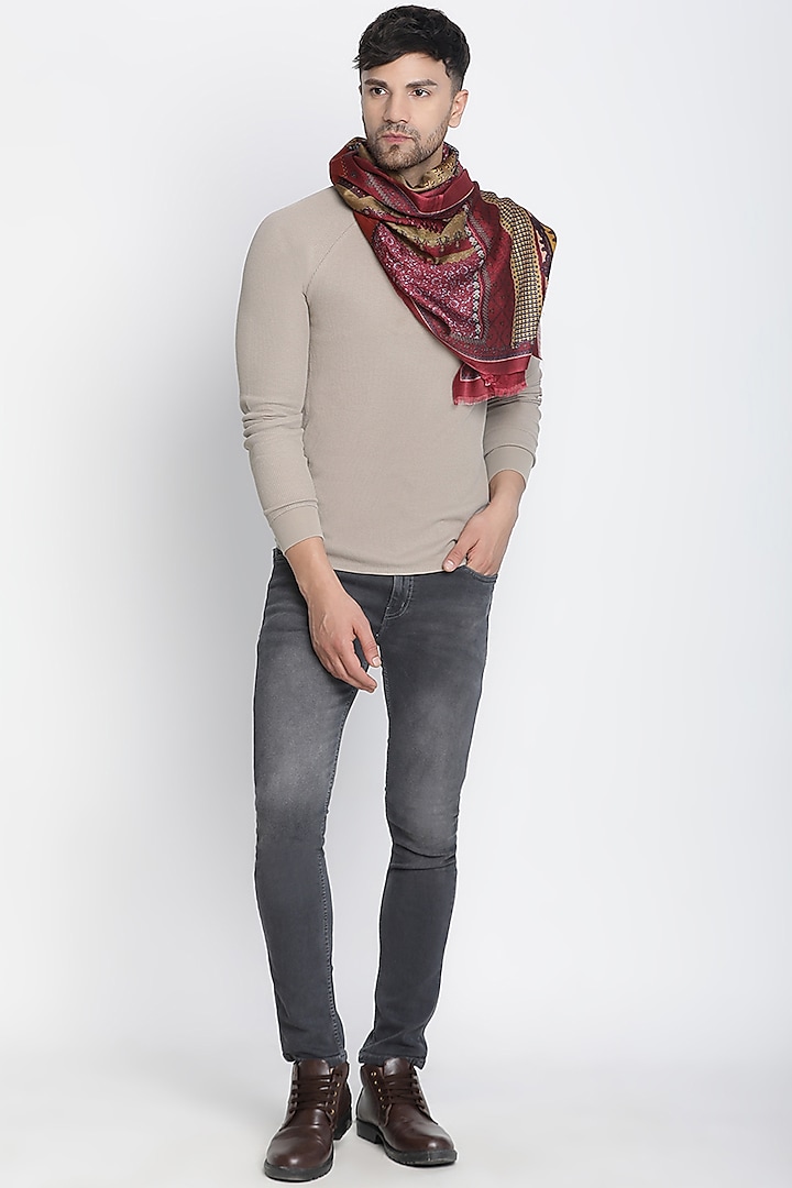 Dark Maroon Wool Silk Printed Muffler by Shingora Men at Pernia's Pop Up Shop