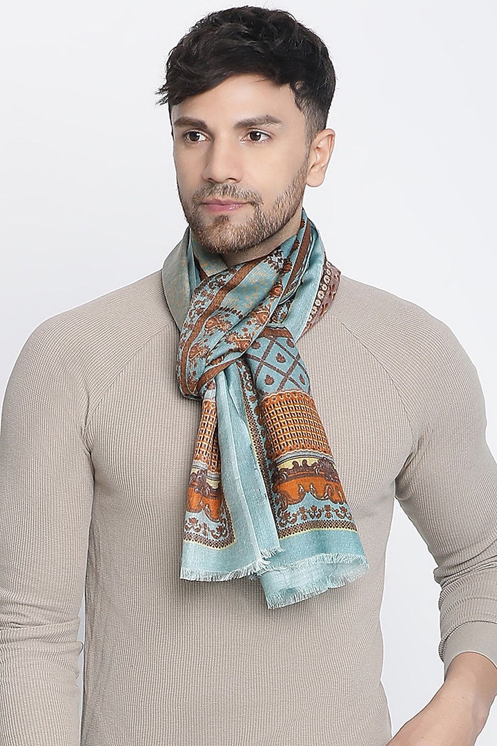 Sky Blue Wool Silk Printed Muffler by Shingora Men