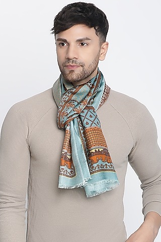 Sky Blue Wool Silk Printed Muffler by Shingora Men