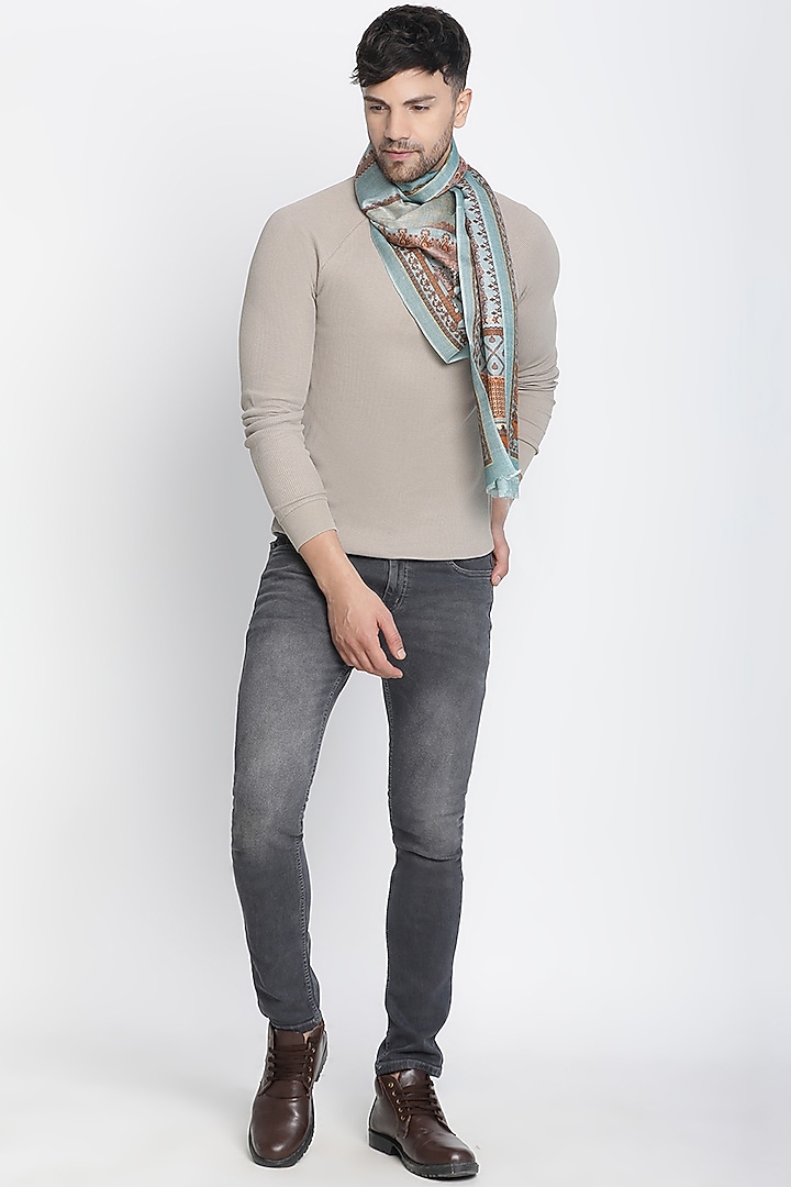 Sky Blue Wool Silk Printed Muffler by Shingora Men at Pernia's Pop Up Shop