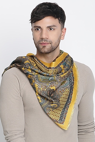 Mustard Wool Silk Printed Muffler by Shingora Men