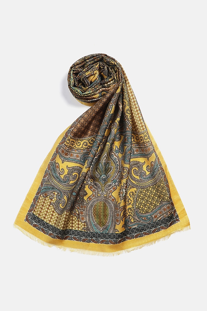Mustard Wool Silk Printed Muffler by Shingora Men at Pernia's Pop Up Shop