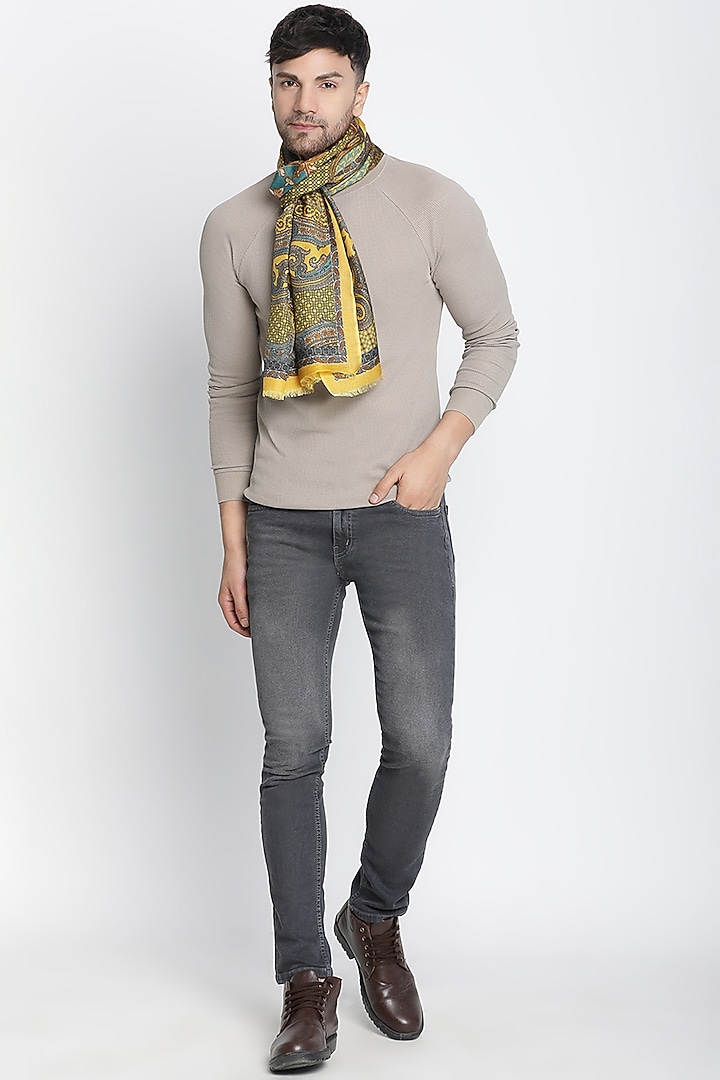 Mustard Wool Silk Printed Muffler by Shingora Men at Pernia's Pop Up Shop
