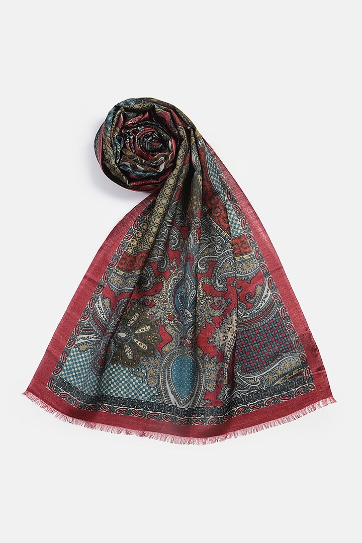 Dark Maroon Wool Silk Printed Muffler by Shingora Men at Pernia's Pop Up Shop