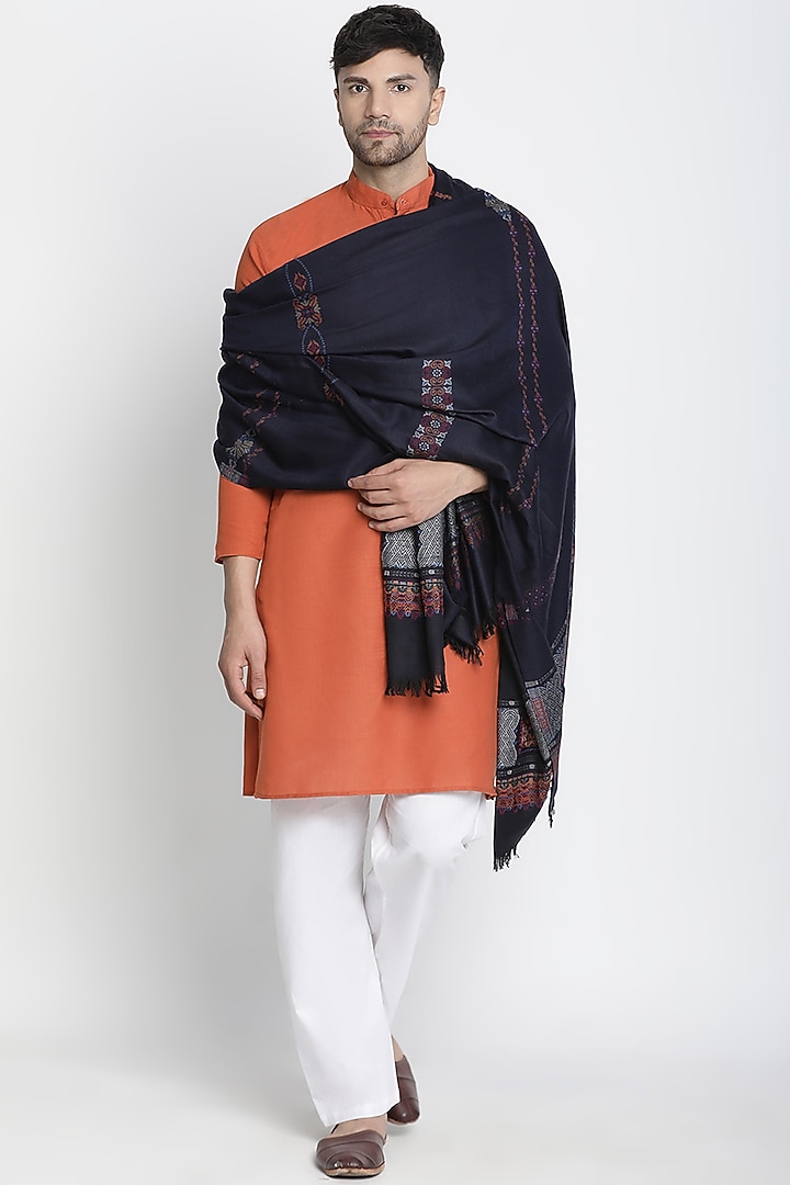 Navy Blue Wool Jacquard Lohi by Shingora Men at Pernia's Pop Up Shop