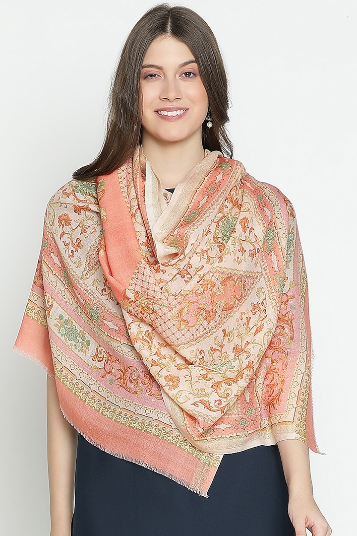 Peach Wool & Lurex Printed Stole by Shingora at Pernia's Pop Up Shop