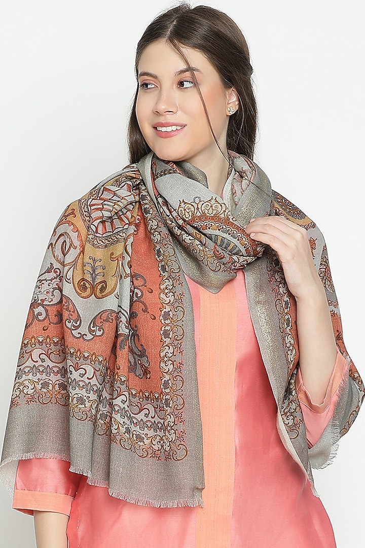 Grey Wool & Lurex Printed Stole by Shingora at Pernia's Pop Up Shop