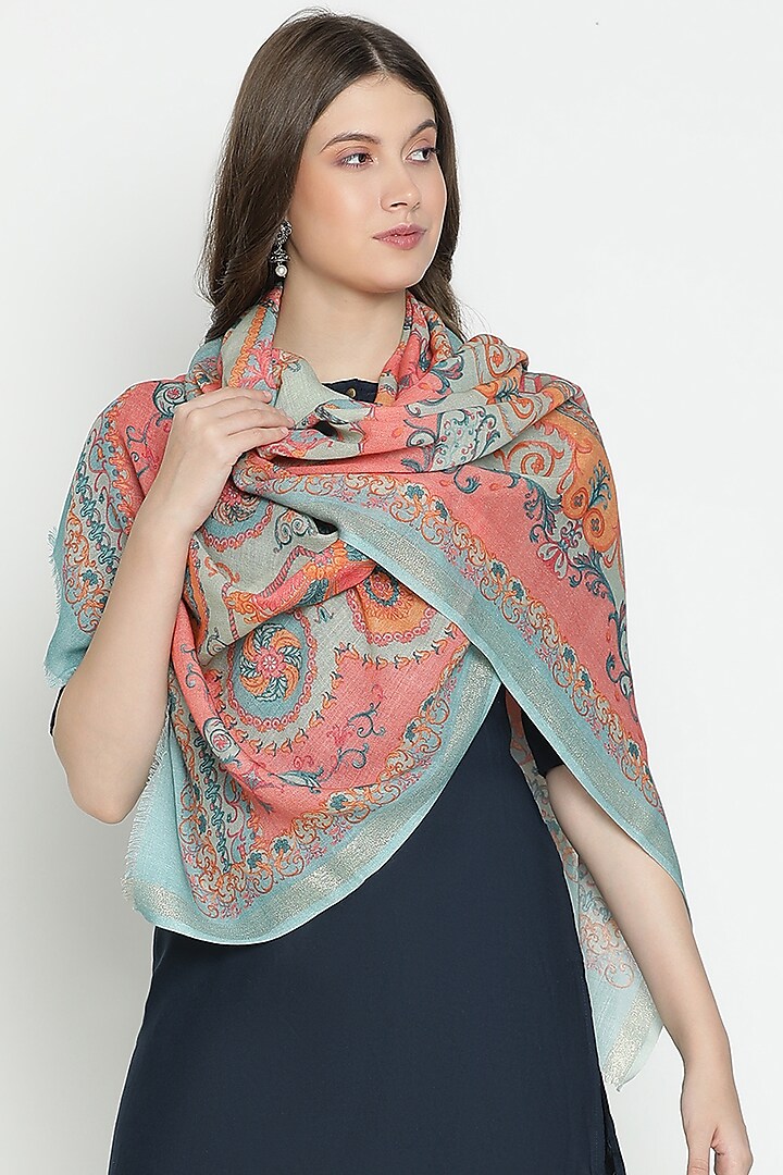 Peach Wool & Lurex Printed Stole by Shingora at Pernia's Pop Up Shop