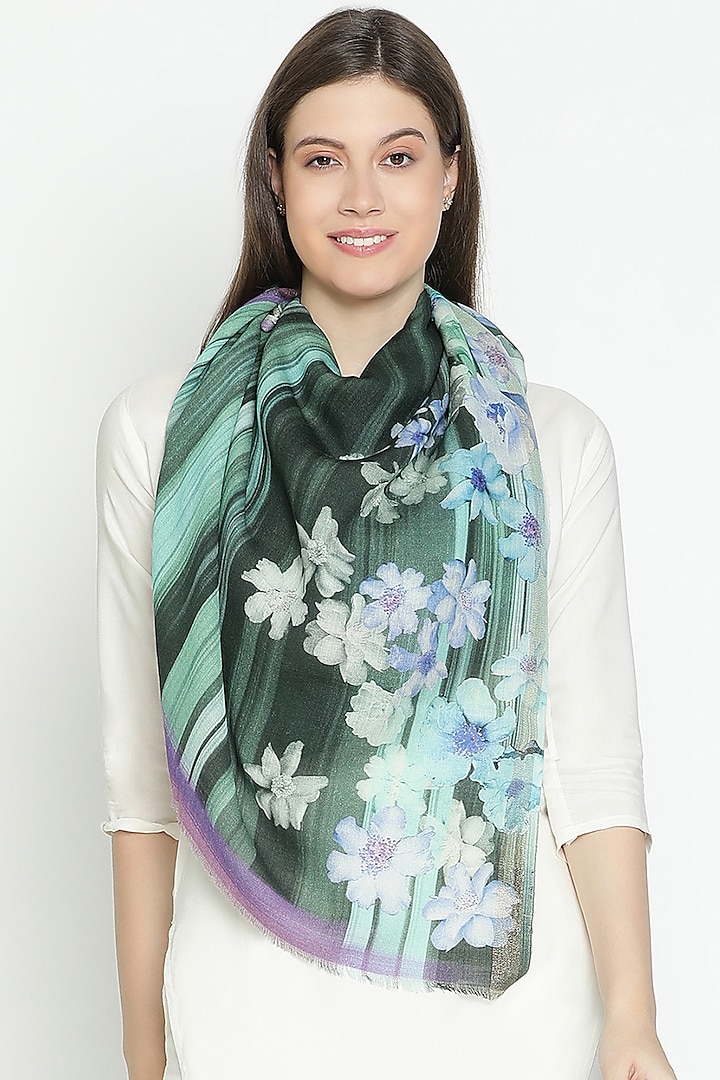 Green Wool & Lurex Printed Stole by Shingora at Pernia's Pop Up Shop