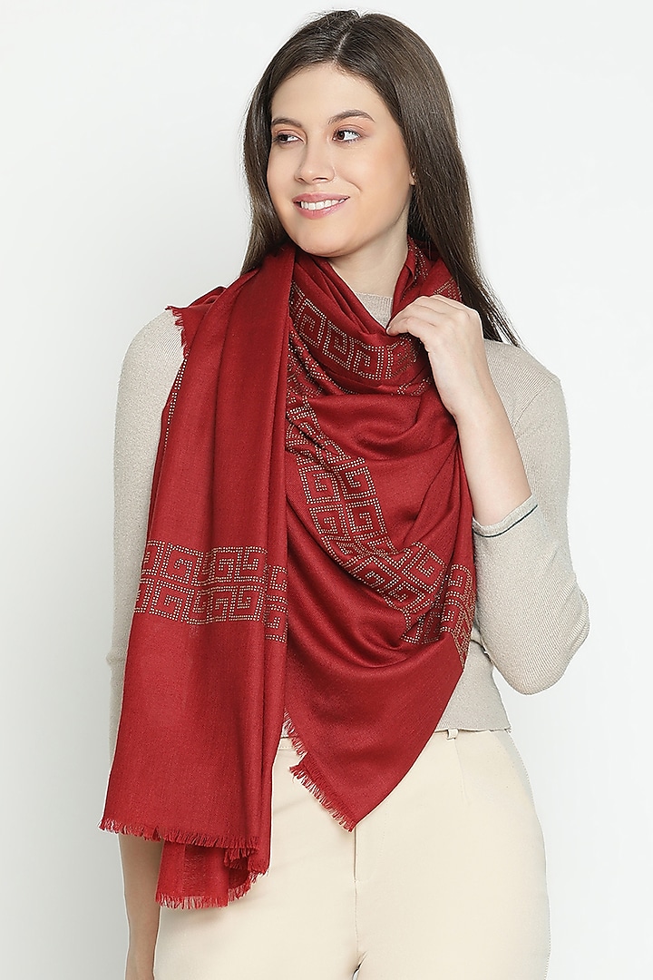 Maroon Wool Swarovski Embroidered Stole by Shingora at Pernia's Pop Up Shop