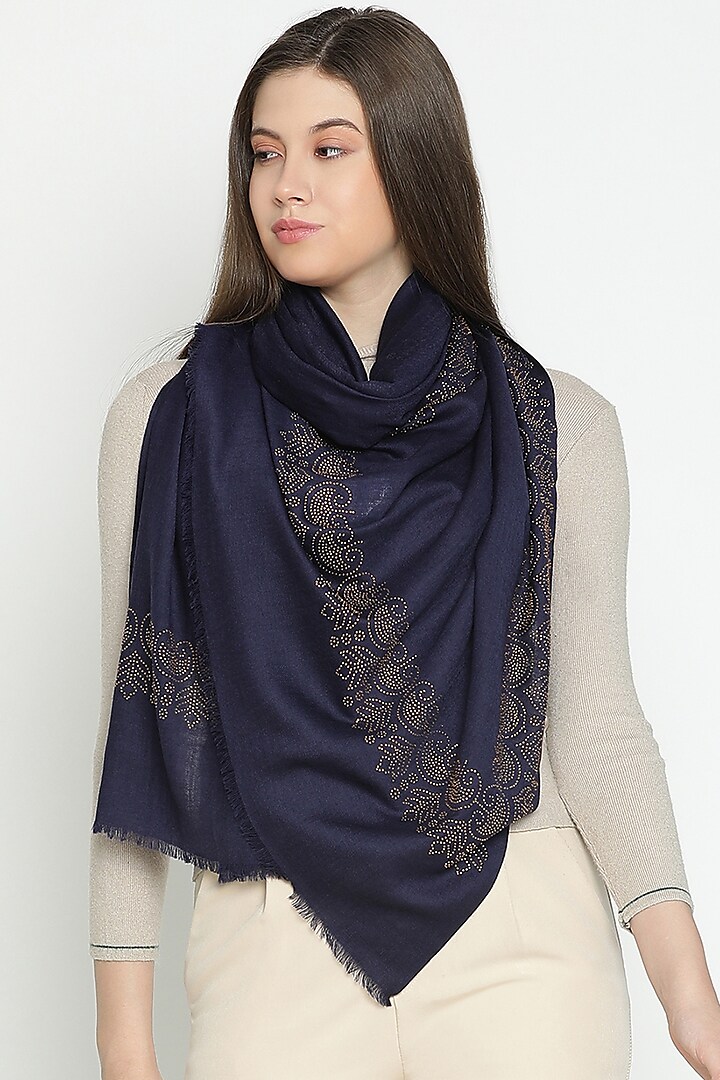 Navy Wool Swarovski Embroidered Stole by Shingora at Pernia's Pop Up Shop