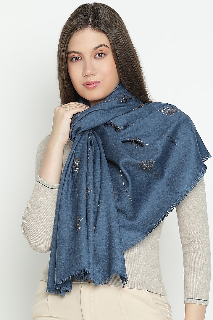 Blue Wool Swarovski Embroidered Stole by Shingora at Pernia's Pop Up Shop