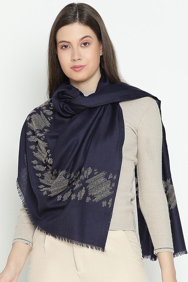 Navy Wool Swarovski Embroidered Stole by Shingora at Pernia's Pop Up Shop