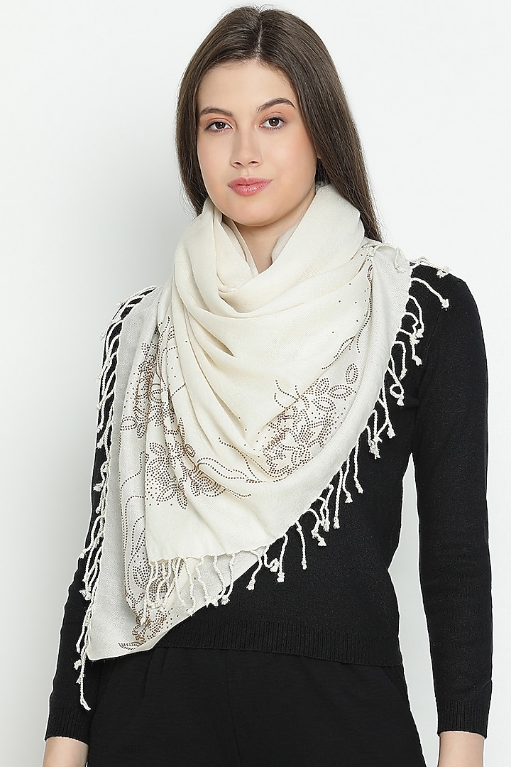 Off-White Wool Swarovski Embroidered Stole by Shingora at Pernia's Pop Up Shop