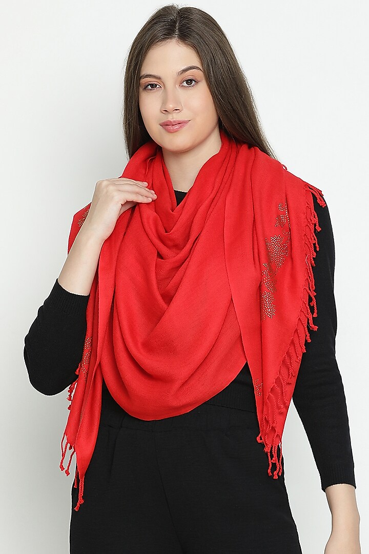 Red Wool Swarovski Embroidered Stole by Shingora at Pernia's Pop Up Shop