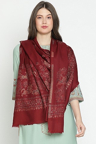 Dark Maroon Wool & Lurex Shawl by Shingora