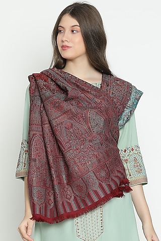 Dark Maroon Wool & Lurex Shawl by Shingora