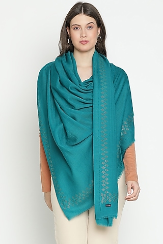 Turquoise Wool Swarovski Embroidered Shawl by Shingora
