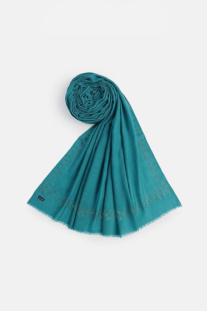 Turquoise Wool Swarovski Embroidered Shawl by Shingora at Pernia's Pop Up Shop