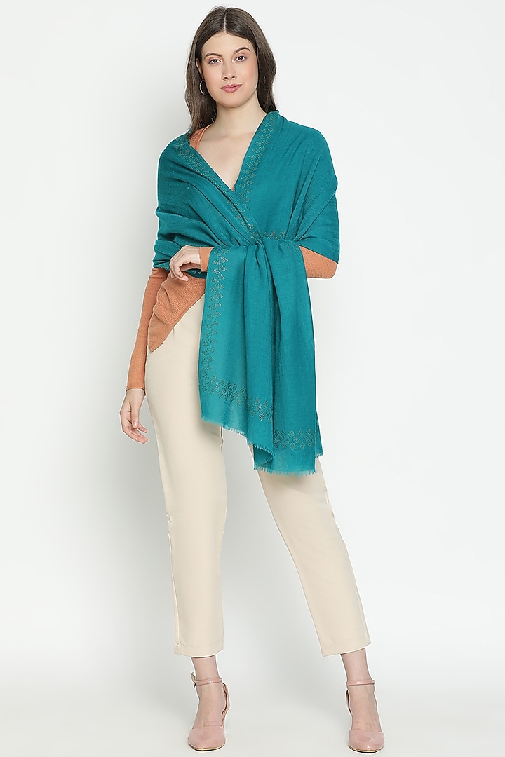 Turquoise Wool Swarovski Embroidered Shawl by Shingora at Pernia's Pop Up Shop