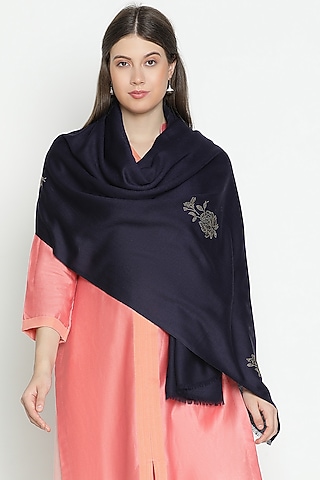 Navy Wool Swarovski Embroidered Shawl by Shingora