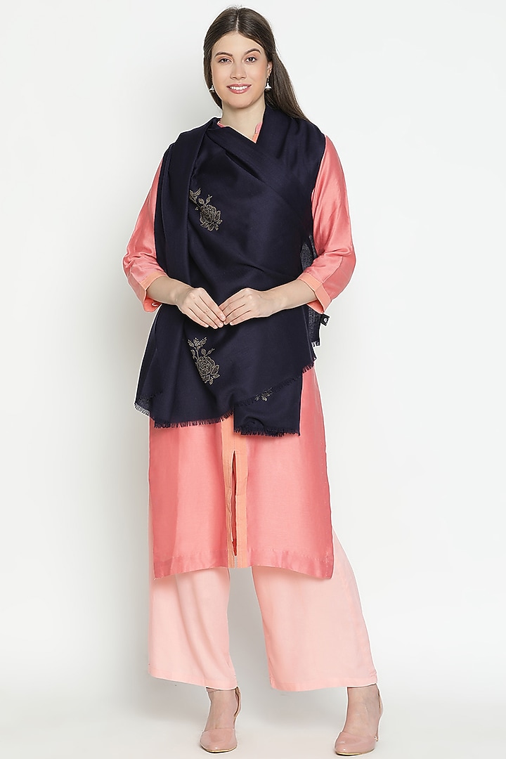 Navy Wool Swarovski Embroidered Shawl by Shingora at Pernia's Pop Up Shop