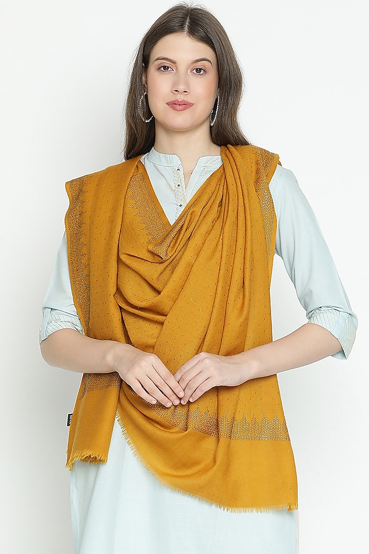 Mustard Wool Swarovski Embroidered Shawl by Shingora at Pernia's Pop Up Shop