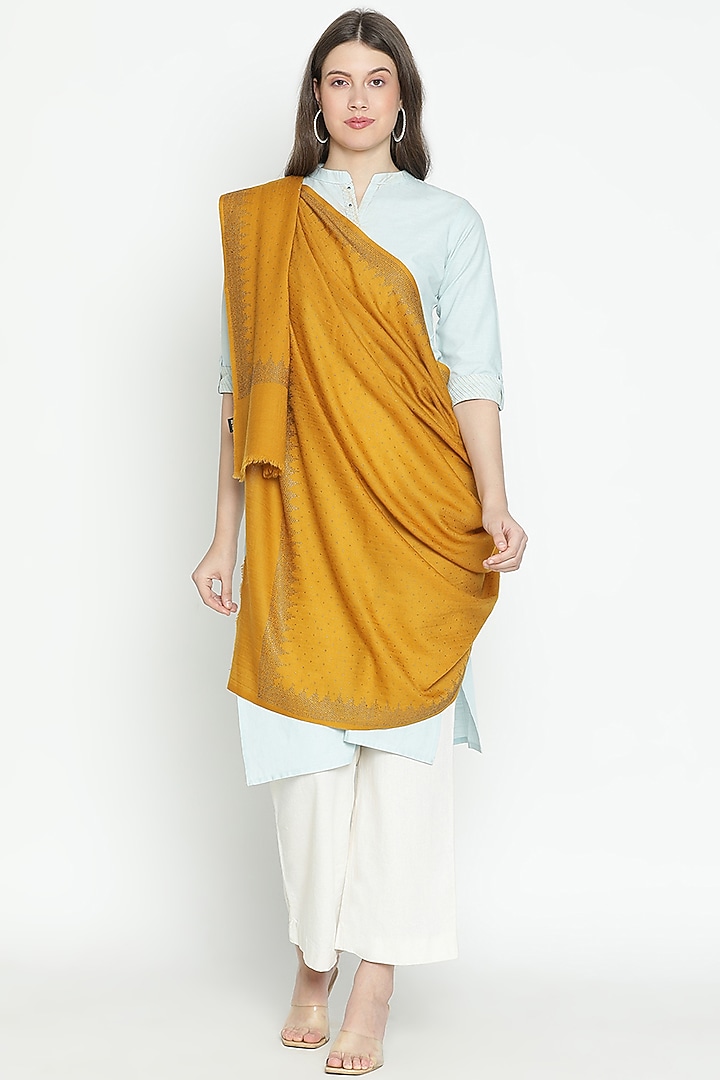 Mustard Wool Swarovski Embroidered Shawl by Shingora at Pernia's Pop Up Shop