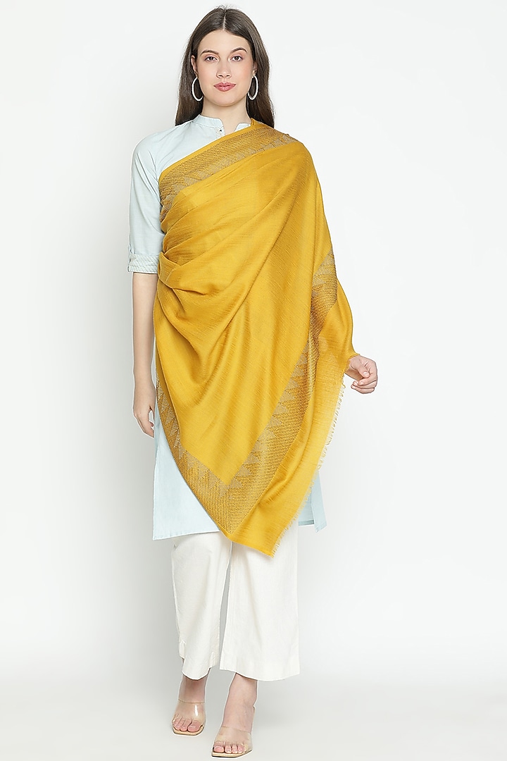 Mustard Wool Swarovski Embroidered Shawl by Shingora at Pernia's Pop Up Shop