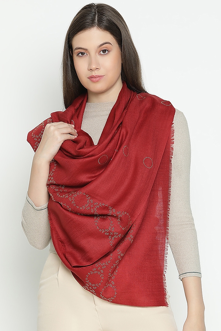 Red Wool Swarovski Embroidered Stole by Shingora at Pernia's Pop Up Shop