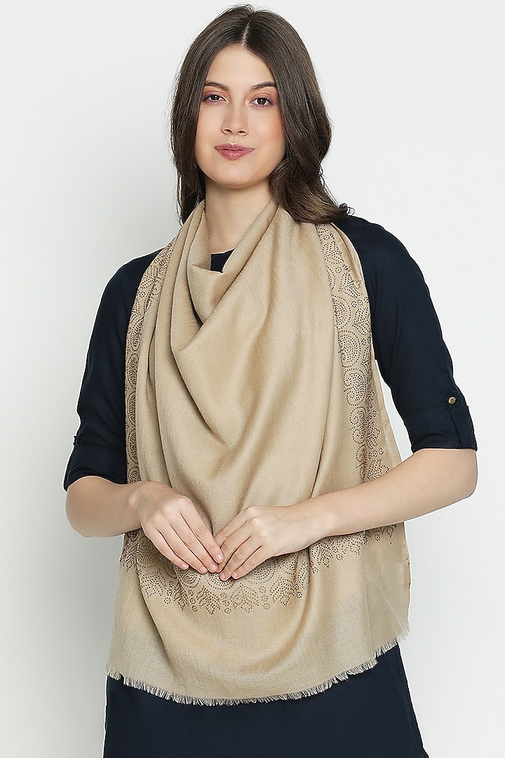 Dark Beige Wool Swarovski Embroidered Stole by Shingora at Pernia's Pop Up Shop